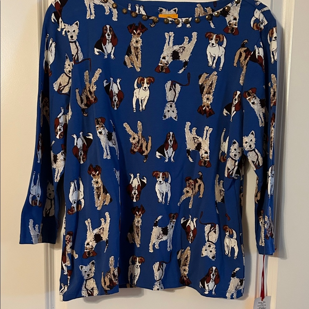Vet tech top with lots of dogs and a nice blue background.  NWT. Size PL.
